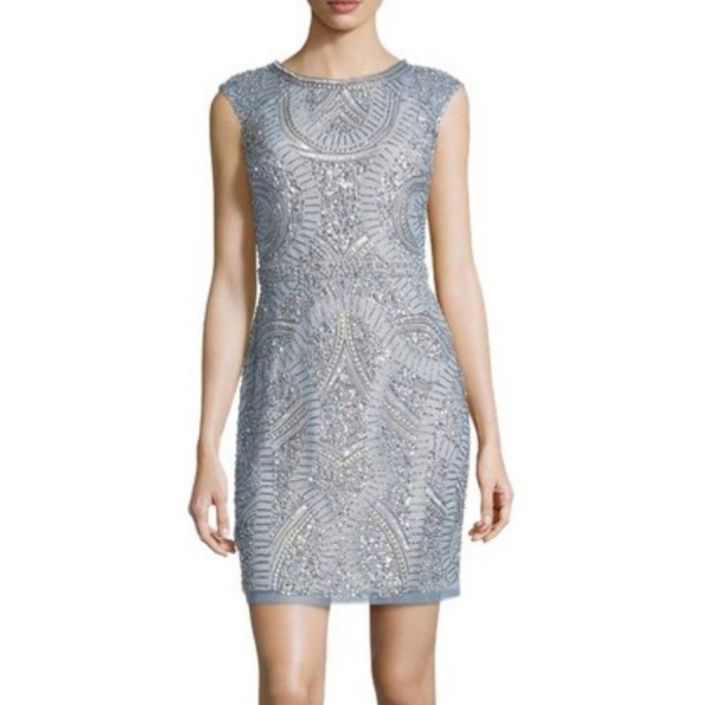 Aidan Mattox Beaded Mesh Sheath Cocktail Dress 4
